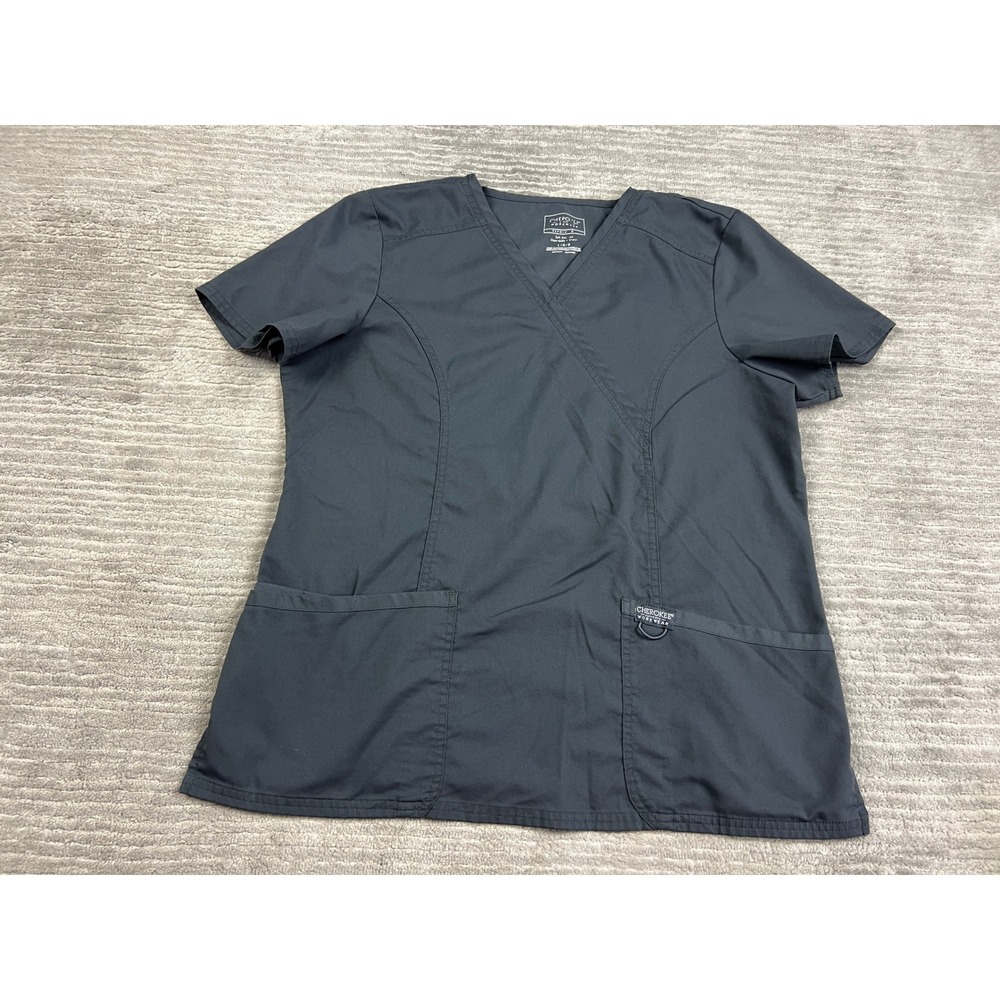 Cherokee Scrub Top Womens L Blue Revolution‎ Mock Wrap V-Neck Workwear Pockets